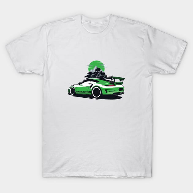 Green GT3 RS Super Car in Mountains T-Shirt by KaroCars